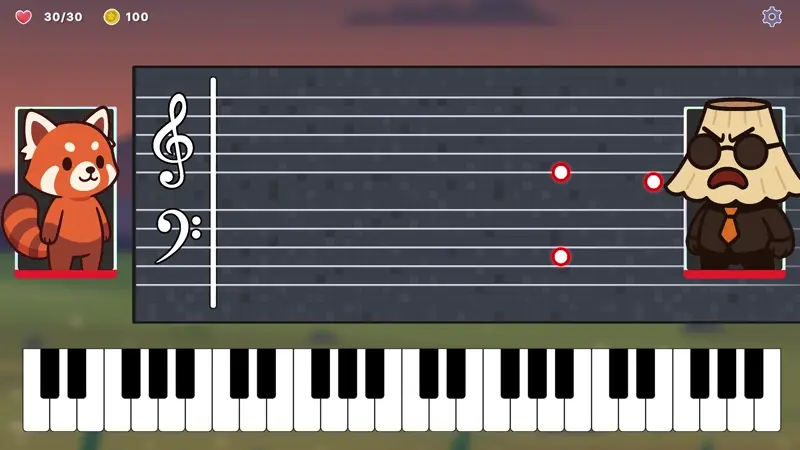 Diatonic gameplay with piano keys and rhythm notes