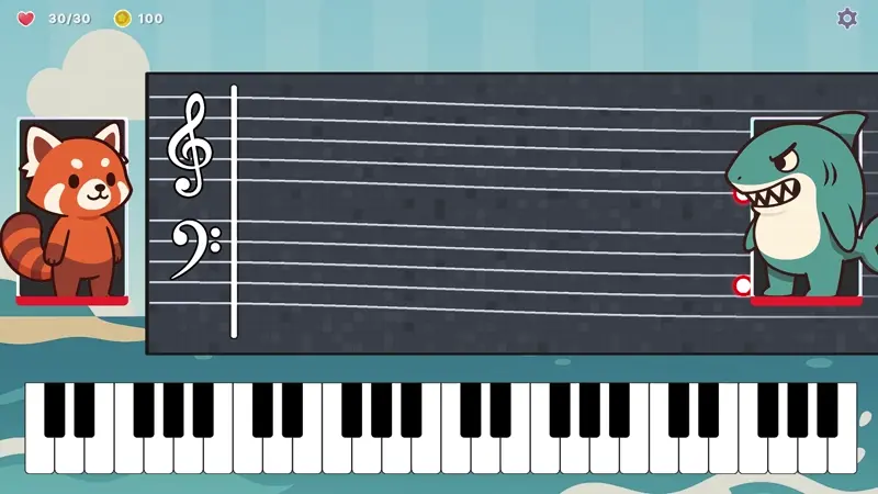 Diatonic gameplay with piano keys and rhythm notes with wavy staff